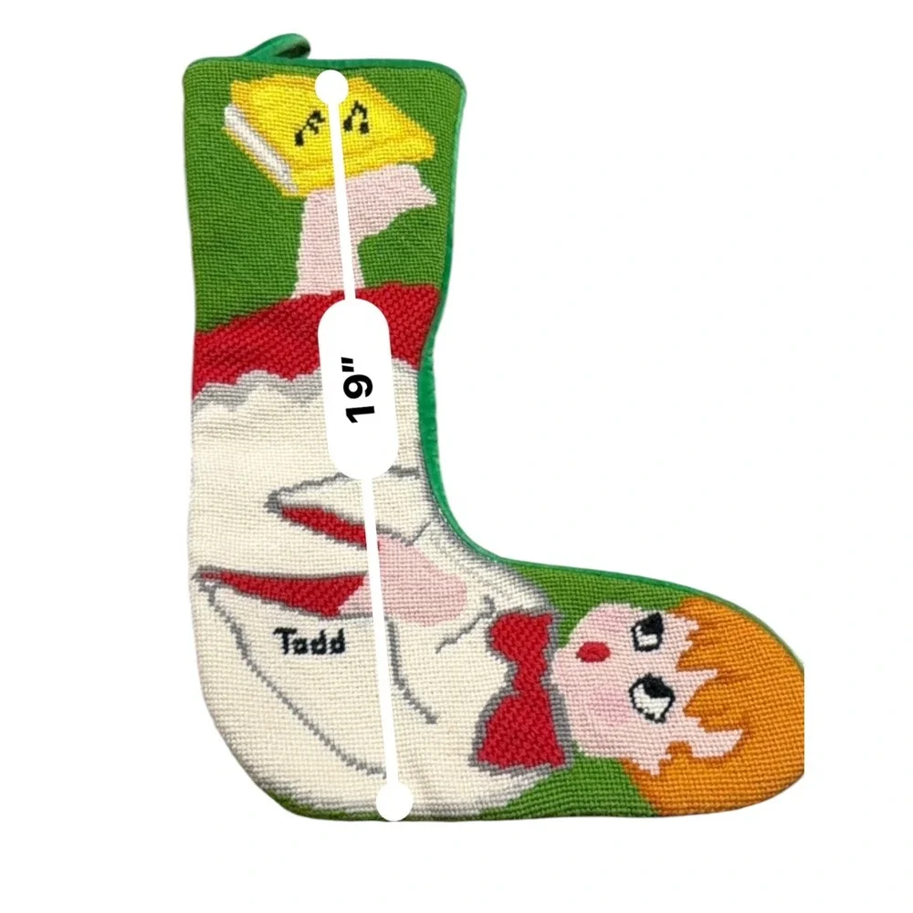 Vintage Needlepoint Christmas Stocking Todd Boy Music Book Green Velvet 19 Inch
